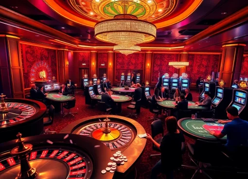 Players enjoying thrilling games at hay.win casino with roulette and poker tables.