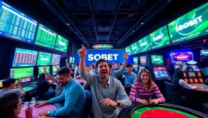 SBOBET.dance offers an exciting online casino experience with players enjoying various games amidst vibrant lights and engaging atmosphere.