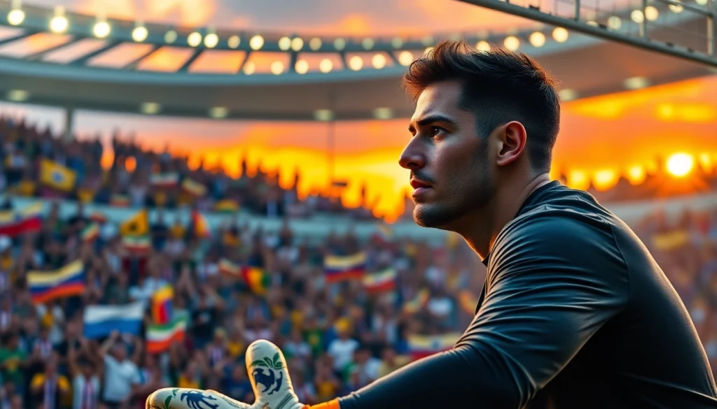 Engage with the thrill of บ้านผลบอล888 as a goalkeeper protects the net in a vibrant stadium scene.