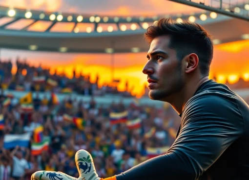 Engage with the thrill of บ้านผลบอล888 as a goalkeeper protects the net in a vibrant stadium scene.