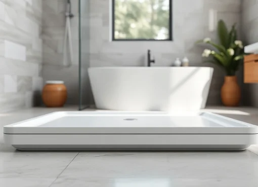 Highlighting a stylish shower base in a modern bathroom design.