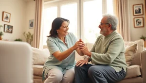 A caregiver providing compassionate austin senior home care in a warm living room setting.