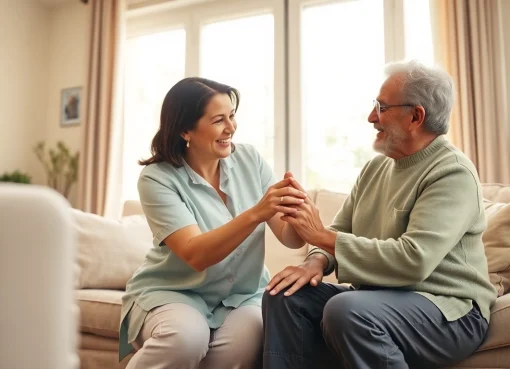 A caregiver providing compassionate austin senior home care in a warm living room setting.