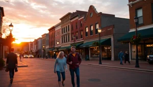 Clarksburg sunset with families strolling through vibrant downtown shops and historic buildings.