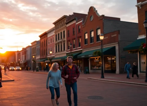 Clarksburg sunset with families strolling through vibrant downtown shops and historic buildings.