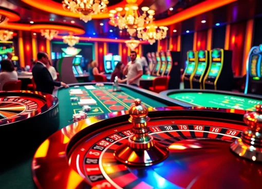 Một cảnh casino trực tuyến đầy hồi hộp nhấn mạnh sự phấn khích của cá cược tại https://luck8.net với các bánh xe roulette sôi động và những người chơi mỉm cười.