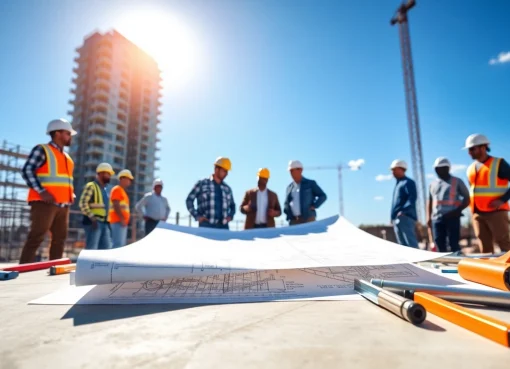 Austin construction workers collaborating at a modern building site with blueprints and tools.