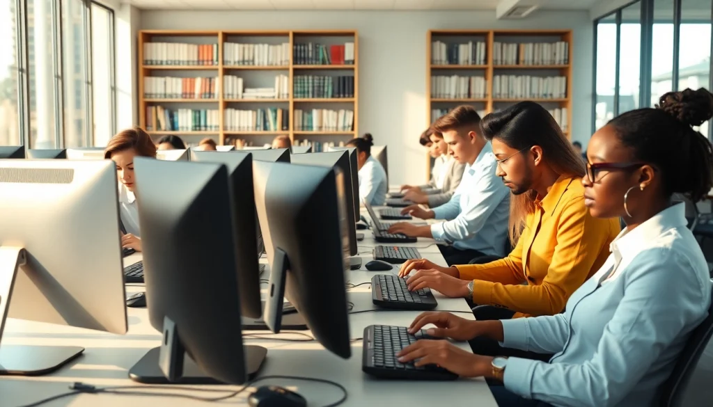 Individuals engaged in work at a professional typing center, showcasing productivity and collaboration.