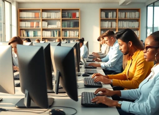Individuals engaged in work at a professional typing center, showcasing productivity and collaboration.