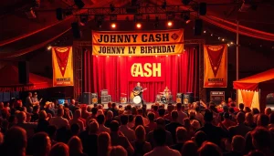 Johnny Cash birthday celebration scene at johnnycashbirthday.com, featuring vibrant festival atmosphere, live music, and fans.