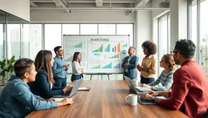 Professionals collaborating on growth strategy trends in an engaging business setting.