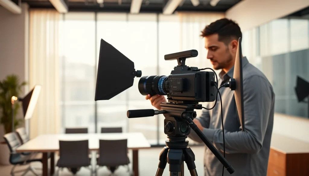 Capturing commercial videography in a modern office setting with a professional videographer.