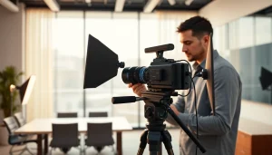 Capturing commercial videography in a modern office setting with a professional videographer.