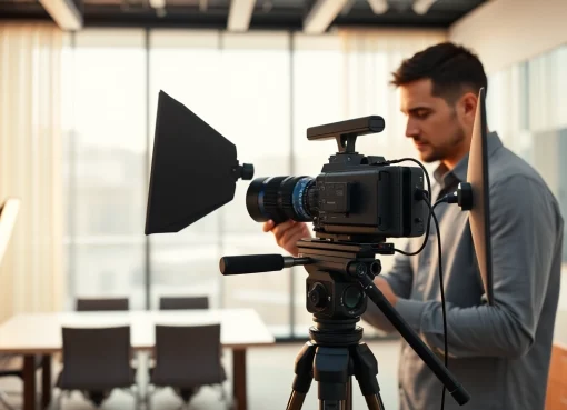 Capturing commercial videography in a modern office setting with a professional videographer.