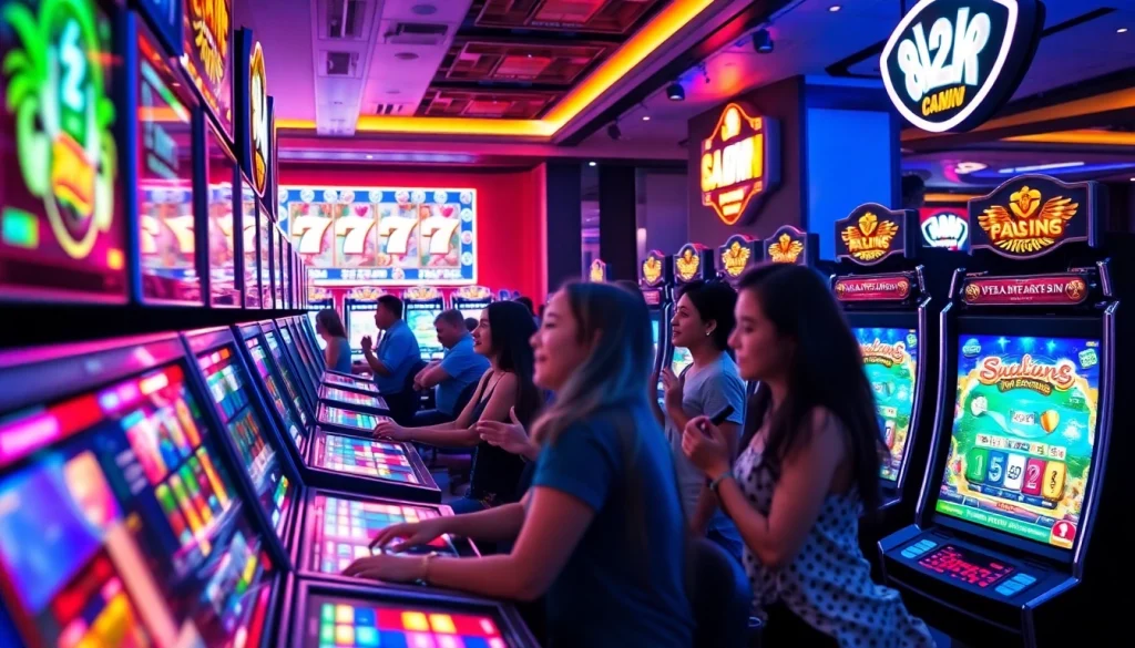 Cảnh chơi game hấp dẫn tại Saowin 84 với các máy slot sôi động và đặt cược trực tiếp.