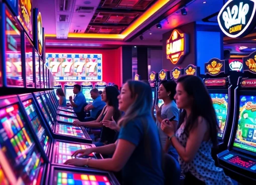 Cảnh chơi game hấp dẫn tại Saowin 84 với các máy slot sôi động và đặt cược trực tiếp.