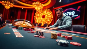 Experience the thrill of gambling at loto188.gb.net with a vibrant online casino scene featuring poker tables and roulette.
