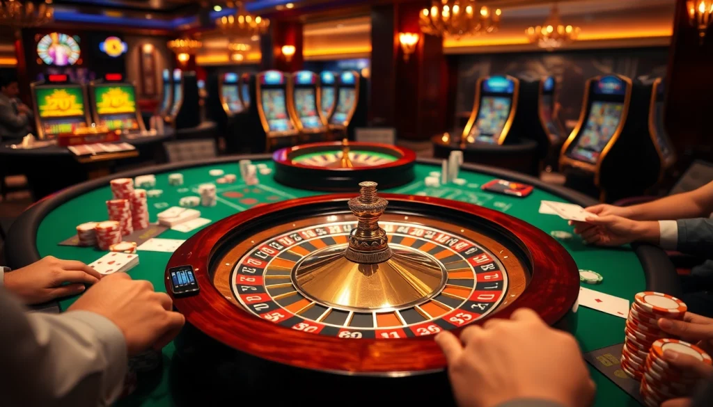 Vivez l'excitation du casino en ligne France avec une roulette vibrante et des jetons de poker colorés.