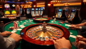 Vivez l'excitation du casino en ligne France avec une roulette vibrante et des jetons de poker colorés.