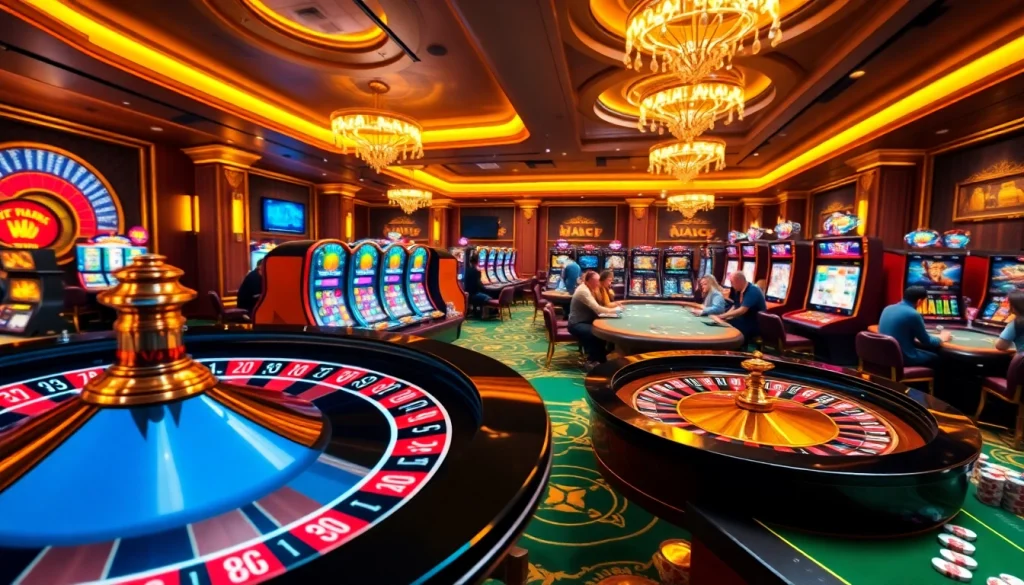 Scène passionnante montrant des casinos en ligne France avec des joueurs à la roulette, aux machines à sous et aux tables de poker.