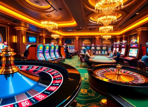 Scène passionnante montrant des casinos en ligne France avec des joueurs à la roulette, aux machines à sous et aux tables de poker.