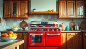 Retro Oven displayed in a cozy mid-century kitchen setting, highlighting its vibrant design.