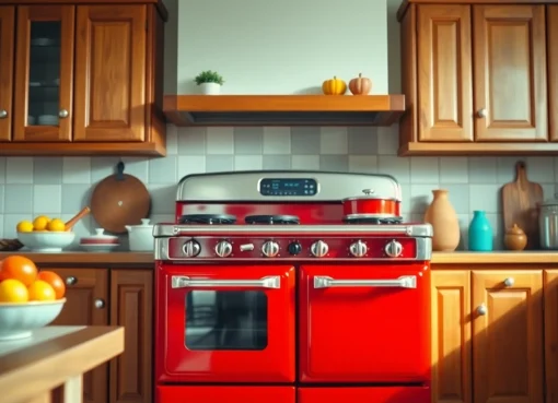 Retro Oven displayed in a cozy mid-century kitchen setting, highlighting its vibrant design.