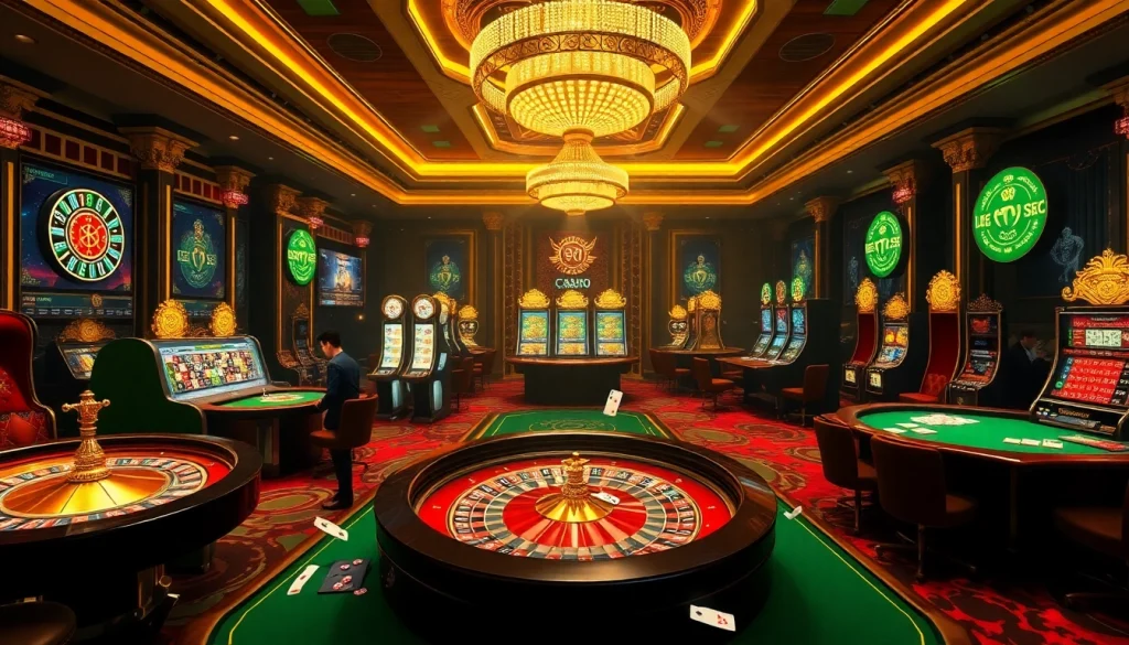 Scène de jeu palpitante mettant en avant casino en ligne Français avec des machines à sous vibrantes et des tables de roulette.