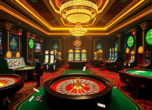 Scène de jeu palpitante mettant en avant casino en ligne Français avec des machines à sous vibrantes et des tables de roulette.
