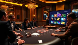 Vivez l'excitation dans un casino en ligne Français luxueux avec des jetons de poker et une roue de roulette.