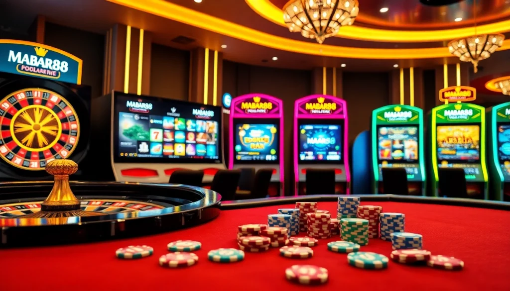 Adegan permainan judi online yang menarik di MABAR88, menampilkan roulette dan mesin slot yang berwarna-warni.