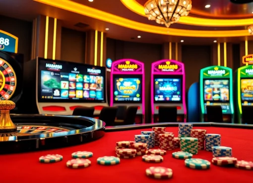 Adegan permainan judi online yang menarik di MABAR88, menampilkan roulette dan mesin slot yang berwarna-warni.
