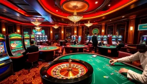 Vivez l'excitation des casinos en ligne Français avec des joueurs élégamment habillés autour de tables de jeu passionnantes.