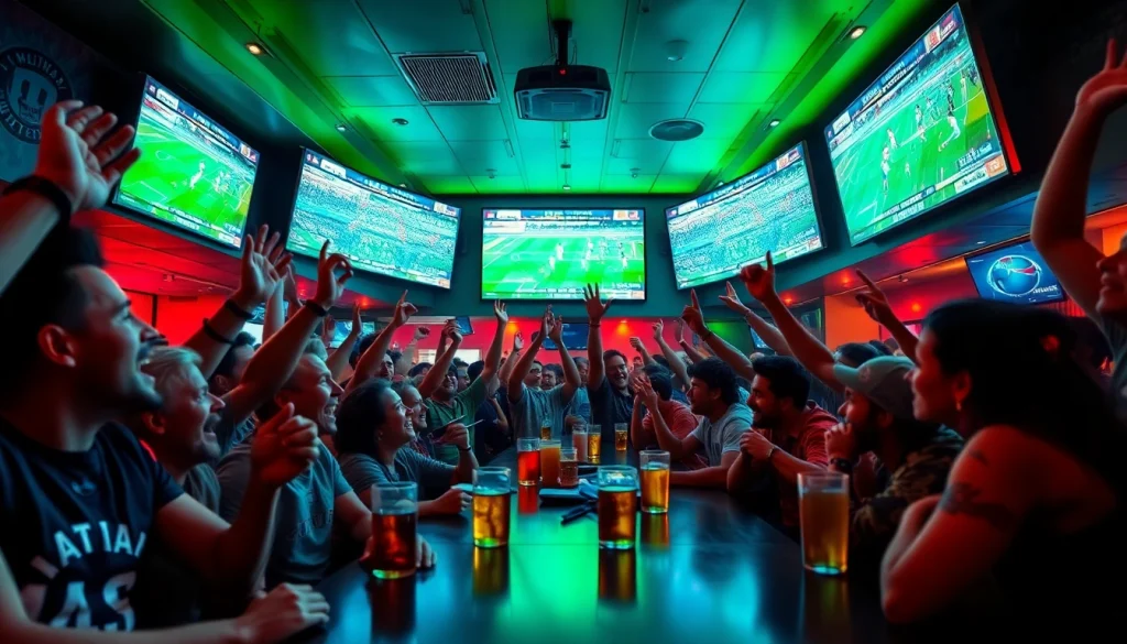 Engaged sports fans watching live events on screens at a 토토스토리 sports bar.
