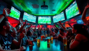 Engaged sports fans watching live events on screens at a 토토스토리 sports bar.