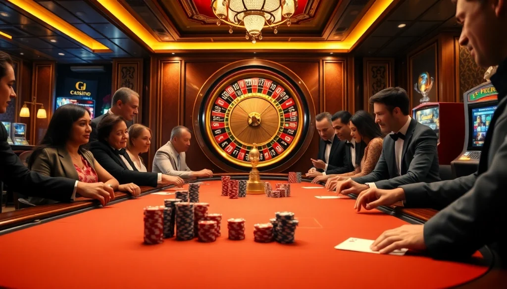 Découvrez l'excitation du casino en ligne Français avec une scène de table de poker animée, mettant en avant des éléments de jeu luxueux et sophistiqués.