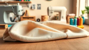 Stof voor blouse met elegante textuur op een naaitafel, omringd door gereedschap.