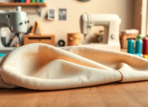 Stof voor blouse met elegante textuur op een naaitafel, omringd door gereedschap.