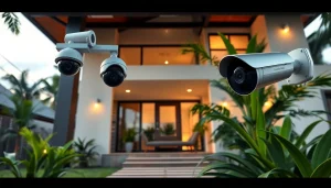Cámaras de seguridad en Liberia mostradas en un hogar moderno con tecnología avanzada y vegetación exuberante.