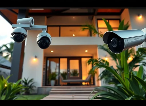 Cámaras de seguridad en Liberia mostradas en un hogar moderno con tecnología avanzada y vegetación exuberante.