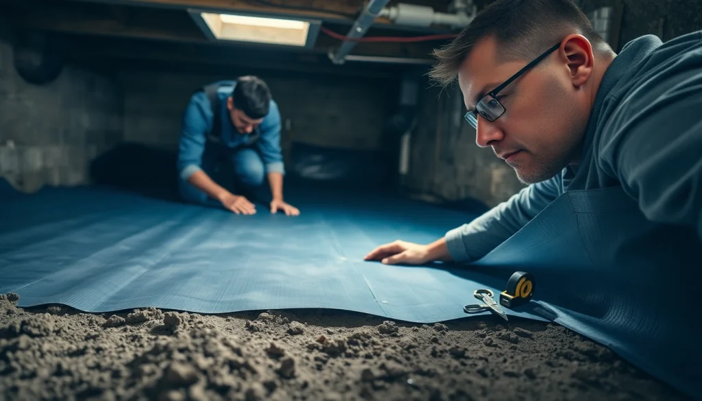 Contractor performing Vapor Barrier Installation, showcasing techniques in a crawl space environment.