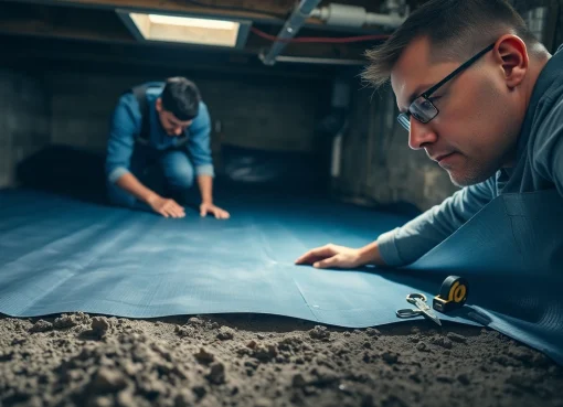 Contractor performing Vapor Barrier Installation, showcasing techniques in a crawl space environment.
