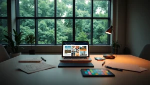 Image to prompt generator interface in a modern creative workspace showcasing art supplies and technology.