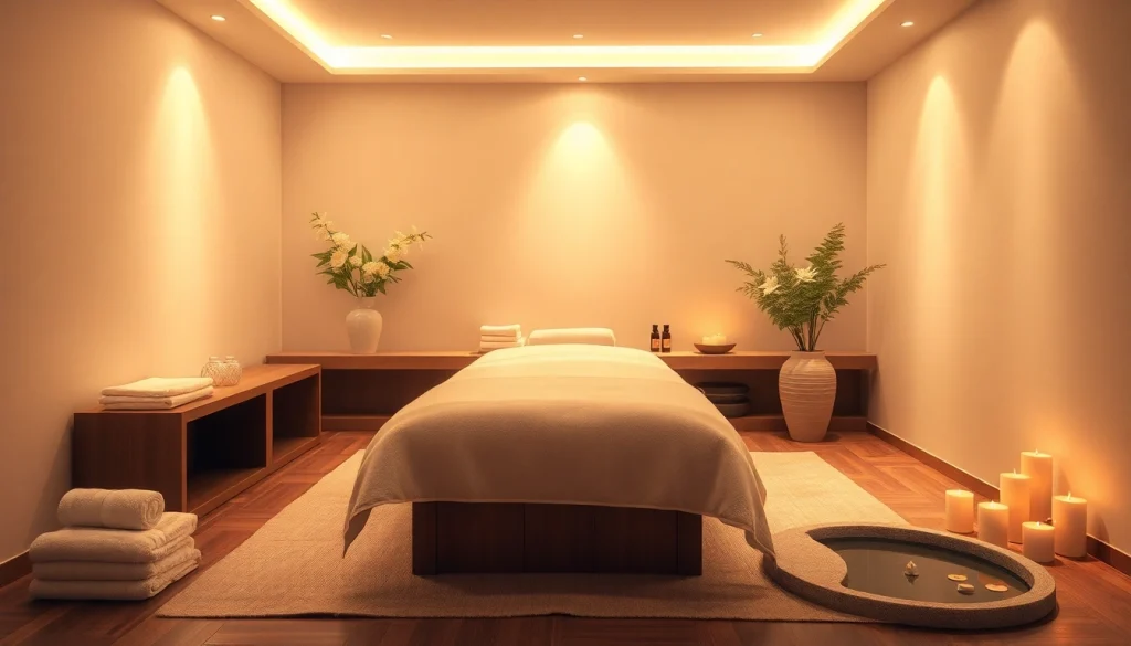 편안한 요소가 있는 고요한 스파 환경을 보여주는 릴랙싱 마사지 환경.