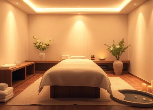 편안한 요소가 있는 고요한 스파 환경을 보여주는 릴랙싱 마사지 환경.