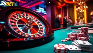 Experience thrilling gameplay at 28BET's casino with a vibrant roulette wheel and poker action.