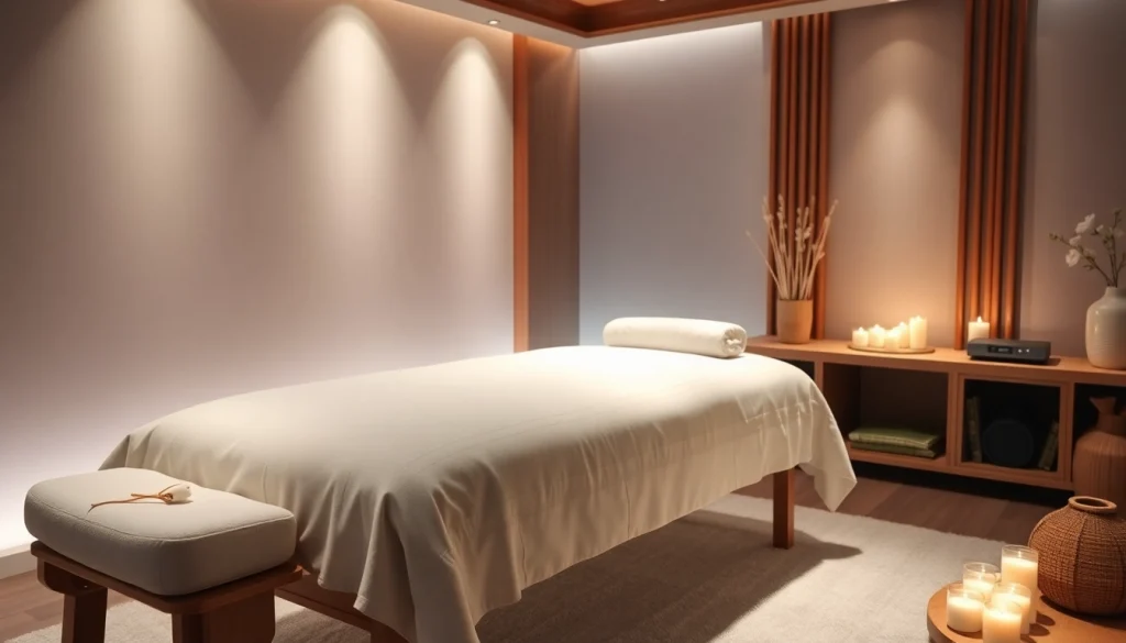 차분한 분위기와 편안한 장식이 있는 릴렉싱 마사지 치료실