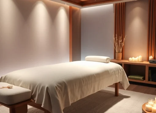 차분한 분위기와 편안한 장식이 있는 릴렉싱 마사지 치료실