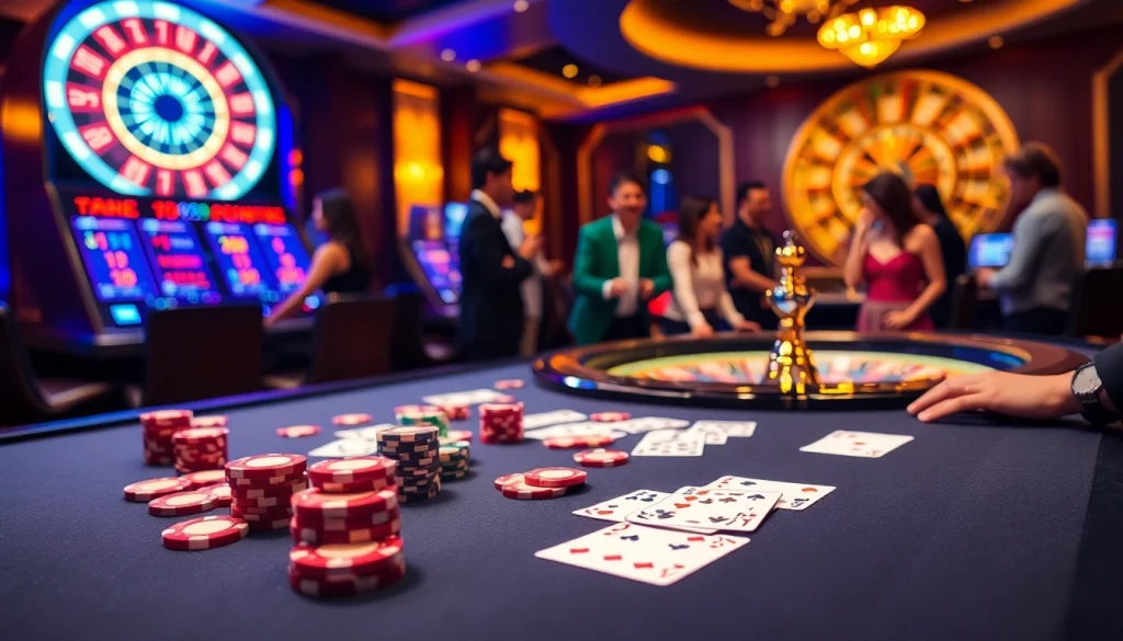 Engage in thrilling PG slot experiences at an elegant casino with vibrant gaming tables.