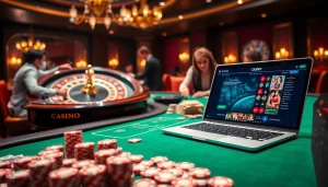 Les joueurs profitent d'une expérience immersive au casino en ligne Français à une table luxueuse avec des jetons de poker et des cartes.